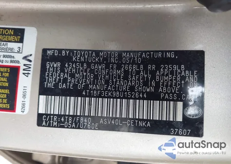 2011 Toyota Camry Le z USA, uszkodzony, nr VIN 4T1BF3EK9BU152644